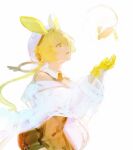  1girl animal animal_ears arknights blonde_hair cowboy_shot dorothy_(arknights) gloves hands_up highres jacket mouse mouse_ears mouse_girl nnicoinu open_hands open_mouth simple_background sketch sleeveless solo white_background white_headwear white_jacket yellow_eyes yellow_gloves 