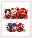  1boy 5girls aqua_hair black_hair blonde_hair brown_hair cape chibi dragon_horns fate/grand_order fate_(series) fire flaming_sword flaming_weapon glowstick hair_over_one_eye hat hi_(wshw5728) highres holding_glowstick horns locusta_(fate) long_hair mask mole mole_under_eye mouth_mask multiple_girls nero_claudius_(fate) oda_nobukatsu_(fate) oda_nobunaga_(fate) oda_nobunaga_(maou_avenger)_(fate) queen_draco_(fate) queen_draco_(third_ascension)_(fate) red_cape red_hair skull_cup sparkle sword twitter_username weapon xu_fu_(fate) yu_mei-ren_(fate) 