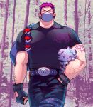  1boy arm_hair arm_tattoo backpack bag bara belt belt_buckle black_gloves black_shirt blue_bag buckle charlotte_katakuri cowboy_shot espurr fingerless_gloves forest gloves hand_in_pants highres large_pectorals leather leather_pants male_focus mask mature_male mewiyev mouth_mask muscular muscular_male nature one_piece pants pectorals pink_eyes pink_hair plug_(piercing) poke_ball pokemon shirt short_hair solo tattoo tight_clothes tight_pants tight_shirt 