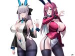  2girls animal_ears asymmetrical_legwear black_bow blue_eyes bow braid breasts choker cleavage clothing_cutout corset detached_sleeves fairy_knight_tristan_(fate) fate/grand_order fate_(series) french_braid garter_straps gradient_background grey_eyes groin hair_intakes highres huge_breasts kurozawa_yui large_breasts legs_together long_hair looking_at_viewer morgan_le_fay_(fate) multiple_girls nail_polish navel navel_cutout necktie pale_skin pantyhose pink_hair pointy_ears rabbit_ears signature skindentation thighhighs 
