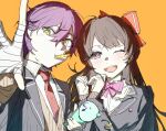  1boy 1girl bandaged_hand bandages blazer blush bow bowtie collared_shirt commentary_request confetti hair_bow heart heart_hands holding_party_popper jacket kenmochi_touya kenmochi_touya_(1st_costume) light_blush long_hair looking_at_viewer mouth_hold necktie nijisanji one_eye_closed orange_background party_horn pink_bow pink_bowtie popoyu purple_eyes purple_hair reaching reaching_towards_viewer red_bow red_necktie school_uniform shirt short_hair side-by-side simple_background sketch smile tsukino_mito tsukino_mito_(1st_costume) upper_body virtual_youtuber white_shirt yellow_eyes 