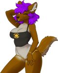  2018 amber_eyes anthro biped black_clothing black_nose black_topwear breasts brown_body brown_fur candy canid canine cleavage clothed clothing countershade_fur countershade_tail countershade_torso countershading dessert digital_media_(artwork) eyebrow_through_hair eyebrows female food fur grey_body grey_fur grey_inner_ear_fluff hair hand_behind_head hand_in_panties hand_in_underwear inner_ear_fluff lollipop lollipop_in_mouth looking_at_viewer mammal one_eye_closed orange_clothing orange_panties orange_underwear panties pantsless portrait purple_hair shaded solo standing tail text text_on_clothing text_on_topwear three-quarter_portrait topwear translucent translucent_hair tuft underwear wink winking_at_viewer zyira 