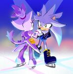  anthro blaze_the_cat clothed clothing digital_media_(artwork) domestic_cat duo eulipotyphlan felid feline felis female fur gloves hair hand_holding handwear hedgehog hi_res ice_skates ice_skating male mammal miijiu purple_body purple_fur sega silver_the_hedgehog simple_background smile sonic_the_hedgehog_(series) yellow_eyes 