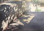  highres no_humans original painting_(medium) railing shadow sunlight tlctm7h8wdwnthx traditional_media tree tree_shade wall watercolor_(medium) 