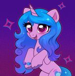  2023 blue_hair blue_mane blue_tail blush bracelet confetticakez cutie_mark digital_media_(artwork) equid equine eyelashes female feral fetlocks fur hair hasbro hi_res hooves horn izzy_moonbow_(mlp) jewelry long_hair long_mane mammal mane mlp_g5 my_little_pony open_mouth open_smile purple_body purple_eyes purple_fur purple_hooves smile solo tail unicorn 