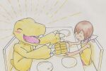  agumon anthro bandai_namco blush chair claws digimon digimon_(species) duo eating female food furniture hikari_kamiya human male mammal sitting smile tabasukotrr traditional_media_(artwork) yellow_body 