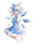  1girl 80isiiii absurdres barefoot blue_bow blue_dress blue_eyes blue_hair bow cirno closed_mouth collared_shirt detached_wings dress fairy food full_body hair_between_eyes hair_bow highres holding holding_food ice ice_wings looking_at_viewer pinafore_dress popsicle puffy_short_sleeves puffy_sleeves shirt short_hair short_sleeves simple_background sleeveless sleeveless_dress smile solo touhou white_background white_shirt wings 