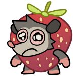  1:1 anthro cheek_tuft chibi didelphid facial_tuft fur grey_body grey_fur happy_(happyroadkill) male mammal marsupial mocheccino pink_body pink_skin simple_background solo strawberry_costume teary_eyes tuft virginia_opossum white_background wide_eyed 