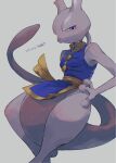  closed_mouth clothed_pokemon commentary_request frown glaring grey_background half-closed_eyes hand_on_own_hip highres kikuyoshi_(tracco) mewtwo pokemon pokemon_(creature) purple_eyes signature sleeveless solo 