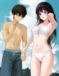  1boy 1girl armpits artist_logo bikini blush breasts chitanda_eru couple green_eyes highres hyouka long_hair mery_(yangmalgage) navel open_mouth oreki_houtarou purple_eyes simple_background stomach swimsuit white_bikini 