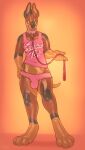  animate_inanimate anthro brown_body bulge canid clothing collar detailed_bulge front_view full-length_portrait hand_on_hip heterochromia hi_res holding_leash holding_object inflatable leash living_inflatable male mammal orange_body panties pink_clothing pink_collar pink_panties pink_topwear pink_underwear portrait purple_eyes red_eyes seraphictiger solo standing topwear underwear 