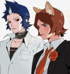  2boys animal_ear_fluff animal_ears black_jacket blue_hair blush brown_eyes brown_hair closed_mouth collared_shirt flower grey_background highres jacket male_focus mishina_eikichi multicolored_hair multiple_boys neck_ribbon necktie neekosiah persona persona_2 red_eyes red_flower ribbon shirt simple_background sparkle spiked_hair suou_tatsuya upper_body white_shirt 