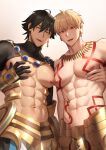  2boys abs bara bchlmnr black_gloves black_hair blonde_hair body_markings earrings fate/grand_order fate_(series) gilgamesh_(fate) gloves hand_on_own_chest highres jewelry large_pectorals looking_at_viewer male_focus multiple_boys muscular muscular_male navel necklace nipples open_mouth ozymandias_(fate) pectorals red_eyes short_hair shrug_(clothing) smile yellow_eyes 