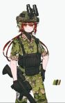  1girl binoculars black_gloves camouflage camouflage_pants camouflage_shirt closed_mouth collared_shirt color_guide commentary_request dress_shirt gloves green_headwear green_pants green_shirt grey_background gun hair_between_eyes hand_on_hip helmet highres holding holding_gun holding_weapon long_hair original pants red_eyes red_hair scope shirt short_sleeves simple_background smile solo tuzik10 very_long_hair weapon weapon_request 