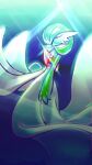  1girl ame_(metorui) arm_at_side blue_background bob_cut closed_eyes colored_skin commentary_request flat_chest full_body gardevoir glint gradient_background green_hair green_skin hair_over_one_eye highres multicolored_skin one_eye_covered partial_commentary pokemon pokemon_(creature) short_hair solo two-tone_skin u_u underwater white_skin 