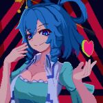 1girl blue_dress blue_eyes blue_hair breasts brodall_pixel cleavage closed_mouth commentary diagonal_stripes dress drill_hair drill_sidelocks english_commentary hair_between_eyes hair_ornament hair_rings hair_stick hands_up heart kaku_seiga medium_breasts medium_hair pixel_art sidelocks simple_background smile solo striped touhou upper_body vest white_vest wing_collar 