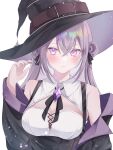  1girl black_jacket blush breasts cleavage cleavage_cutout clothing_cutout commentary commission gem harusame_spica hat highres indie_virtual_youtuber jacket long_hair open_clothes open_jacket purple_eyes purple_gemstone purple_hair skeb_commission solo twintails witch_hat yomogi_mogu 