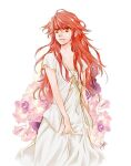  1girl artist_name dress flower ice_(lily_love) lily_love long_hair looking_afar parted_lips ratana_satis red_eyes red_hair short_hair signature solo white_dress 