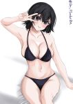  1girl akitsu_maru_(kancolle) bed black_hair breasts cleavage cowboy_shot dr.plankton grey_eyes kantai_collection large_breasts one-hour_drawing_challenge short_hair simple_background sitting solo twitter_username v_over_eye white_background 