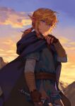  blue_eyes blue_tunic cloud earrings fingerless_gloves gloves gradient_sky highres holding holding_sword holding_weapon jewelry light_brown_hair link pointy_ears purpleneak short_ponytail sidelocks sky sword the_legend_of_zelda the_legend_of_zelda:_breath_of_the_wild weapon 