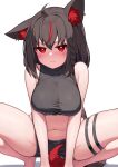  1girl absurdres ahoge animal_ear_fluff animal_ears bare_arms bare_shoulders barefoot black_hair black_shirt black_shorts blush breasts closed_mouth commentary_request crop_top deaver fox_ears fox_girl fox_tail highres hololive kurokami_fubuki large_breasts looking_at_viewer medium_hair multicolored_hair navel pentagram red_eyes red_hair revision shirt short_shorts shorts simple_background sleeveless sleeveless_shirt solo squatting stomach streaked_hair sweatdrop tail thigh_strap thighs tiptoes virtual_youtuber white_background 