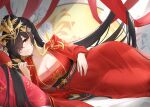  1girl azur_lane black_hair breasts chinese_clothes cleavage closed_mouth dress hair_ornament hair_over_one_eye hand_fan harbin_(azur_lane) harbin_(red_paeonia)_(azur_lane) highres holding holding_fan jewelry large_breasts long_hair looking_at_viewer mole mole_under_eye official_alternate_costume official_alternate_hairstyle qing_wu red_dress red_nails red_ribbon ribbon ring smile solo very_long_hair wedding_ring yellow_eyes 