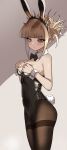  1girl absurdres animal_ears bare_shoulders black_bow black_bowtie black_leotard black_pantyhose blonde_hair blush boku_no_hero_academia bow bowtie breasts closed_mouth cowboy_shot detached_collar fake_animal_ears fake_tail from_side hands_on_own_chest hands_up highres leotard looking_at_viewer medium_breasts messy_hair pantyhose playboy_bunny rabbit_ears rabbit_tail sidelighting slit_pupils solo standing strapless strapless_leotard tail thighband_pantyhose toga_himiko traditional_bowtie twisted_torso wrist_cuffs yellow_eyes zd_(pixiv6210083) 
