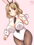  1girl animal_ears between_breasts blonde_hair blush breasts brown_eyes brown_pantyhose cleavage covered_navel detached_collar fake_animal_ears gradient_background houston_(kancolle) kanon_(kurogane_knights) kantai_collection large_breasts leotard light_brown_hair long_hair looking_at_viewer necktie necktie_between_breasts one-hour_drawing_challenge pantyhose pink_background playboy_bunny rabbit_ears rabbit_tail smile solo strapless strapless_leotard tail white_leotard wrist_cuffs 
