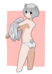  1girl animal_ears ass bare_shoulders breasts brown_eyes cropped_legs dressing grey_hair highres looking_at_viewer looking_to_the_side mole mole_under_eye original panties rongai_rongai shirt short_hair sign small_breasts solo tail underwear white_panties white_shirt 
