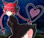  1girl :3 absurdres animal_ears ass bent_over black_bow black_dress blunt_bangs blurry blurry_background bow braid breasts cat_ears cat_girl closed_mouth commentary_request dress extra_ears hair_bow heart heart_tail highres kaenbyou_rin long_hair looking_at_viewer multiple_tails nekomata no_panties outdoors outline ptn red_hair side_braids solo tail touhou twin_braids two_tails variant_set white_outline 