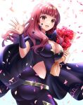  1girl :d ass belt black_cape bodysuit bouquet breasts cape choker cleavage clothing_cutout facial_mark fire_emblem fire_emblem_engage gold_belt hair_ornament highres kakiko210 large_breasts long_hair purple_bodysuit red_hair side_cutout simple_background smile solo star_(symbol) star_facial_mark star_hair_ornament yellow_belt yunaka_(fire_emblem) 