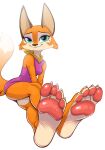  4_toes anthro barefoot beauty_mark bite biting_lip blue_eyes breasts canid canine clothing dipstick_tail feet female foot_focus fox fur hi_res looking_at_viewer mammal markings meika_(rimba_racer) orange_body orange_fur pawpads paws pink_pawpads simple_background siroc sitting smile soles solo tail tail_markings toes white_background 
