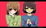  +_+ 0725akaba 2others blue_shirt blush brown_hair chara_(undertale) closed_mouth frisk_(undertale) green_shirt hair_between_eyes hand_up heart highres letterboxed long_sleeves looking_at_viewer multiple_others own_hands_together parted_lips pixelated red_background red_eyes shirt simple_background sleeves_past_wrists smile twitter_username undertale yellow_eyes 