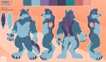  absurd_res anthro belly big_belly blue_body blue_fur butt canid canine canis diddydoo english_text fur hair hi_res looking_at_viewer male mammal model_sheet muscular muscular_anthro muscular_male open_mouth simple_background smile standing tail text wolf yukon 
