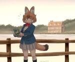  1girl animal_ears black_socks blue_jacket blush bow bowtie brown_eyes collared_shirt commentary_request dhole_(kemono_friends) dog_ears dog_girl dog_tail extra_ears grey_skirt highres jacket kemono_friends kemono_friends_3 light_brown_hair long_sleeves looking_at_viewer nyororiso_(muyaa) official_alternate_costume pleated_skirt red_bow red_bowtie school_uniform shirt short_hair sidelocks skirt smile socks solo tail upper_body white_hair white_shirt 