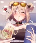  1girl black_shirt blush breasts cheese_trail closed_eyes cup disposable_cup double_bun drinking_straw eating eyewear_on_head food girls&#039;_frontline hair_bun heart highres holding holding_cup holding_food holding_pizza indoors light_brown_hair medium_breasts p90_(girls&#039;_frontline) pizza pizza_slice shirt short_hair solo sopranino strapless strapless_shirt sunglasses 