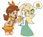  2girls bare_shoulders blonde_hair blue_eyes bow brown_hair closed_eyes earrings feeding flower flower_earrings food hair_bow hair_flower hair_ornament highres holding holding_spoon ice_cream jewelry luma_(mario) mario_(series) mario_kart mario_kart_tour mimimi_(mimimim9999) multiple_girls open_mouth princess_daisy princess_daisy_(swimwear) rosalina rosalina_(swimwear) sleeveless spoon star-shaped_pupils star_(symbol) star_bit star_earrings star_print swimsuit symbol-shaped_pupils white_background 