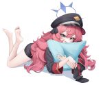  1girl bare_legs barefoot black_headwear black_socks blue_archive blue_eyes blue_halo chirang halo hat highres holding holding_clothes holding_legwear holding_pillow iroha_(blue_archive) legs long_hair long_sleeves lying military_hat open_mouth peaked_cap pillow red_armband red_hair shirt simple_background smile socks socks_removed soles thighs toes very_long_hair white_background wide_sleeves 