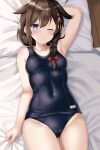  1girl absurdres ahoge armpits bare_arms bare_legs bare_shoulders bed_sheet black_one-piece_swimsuit blue_eyes blush braid brown_hair closed_mouth cowboy_shot hair_between_eyes hair_flaps highres himura_moritaka kantai_collection long_hair one-piece_swimsuit one_eye_closed school_swimsuit shigure_(kancolle) shigure_kai_ni_(kancolle) single_braid solo swimsuit textless_version 