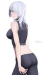  1girl absurdres ak-15_(girls&#039;_frontline) ass breasts girls&#039;_frontline grey_hair hair_over_one_eye highres looking_at_viewer looking_back parted_lips purple_eyes saiun_sigma solo translation_request white_background 