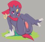  anthro anus balls bedroom_eyes butt colored erection generation_4_pokemon genitals grass hi_res humanoid_genitalia male narrowed_eyes nintendo open_mouth penis plant pokemon pokemon_(species) presenting sco0t seductive simple_background sitting sitting_on_ground solo weavile 