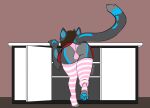  alrec(character) alrecsolus android anthro balls balls_in_underwear bent_over blue_pawpads bottomwear butt clothing felid feline genitals grey_body legwear machine male mammal on_one_leg panties pawpads pink_clothing pink_panties pink_underwear rear_view robot skirt solo standing thigh_highs underwear upskirt 