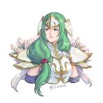  1girl armor breastplate commentary cropped_torso fire_emblem fire_emblem:_radiant_dawn flower green_eyes green_hair headgear long_hair meziosaur pauldrons pink_lips shirt shoulder_armor sigrun_(fire_emblem) simple_background solo tulip upper_body white_background white_flower white_shirt 