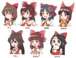  6+girls :3 :d anger_vein apron ascot benikurage_(cookie) black_hair blunt_bangs blush bow breasts bright_pupils brown_eyes brown_hair character_name closed_mouth clothes_writing collared_shirt commentary_request cookie_(touhou) detached_sleeves empty_eyes expressionless frilled_bow frilled_hair_tubes frilled_shirt_collar frills hair_between_eyes hair_bow hair_tubes hakurei_reimu highres kanna_(cookie) large_breasts long_bangs long_hair medium_bangs medium_breasts medium_hair multiple_girls necktie noel_(cookie) open_mouth orange_scarf parted_bangs pink_apron red_bow red_eyes red_shirt reu_(cookie) rurima_(cookie) sananana_(cookie) sarashi scarf shiromiya_rei shirt short_hair sidelocks simple_background sleeveless sleeveless_shirt small_breasts smile sn_(zigzagspark6) striped striped_scarf swept_bangs teeth touhou upper_body upper_teeth_only white_background white_pupils white_scarf white_sleeves yellow_ascot yellow_eyes yellow_necktie yellow_scarf 