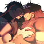  2boys absurdres bara beard clenched_teeth dark-skinned_male dark_skin eye_contact facial_hair from_side glaring grabbing grabbing_another&#039;s_arm highres huge_pectorals jackal_(masakuterarr) looking_at_another male_focus masakuterarr mature_male mauga_(overwatch) multicolored_hair multiple_boys muscular muscular_male original overwatch overwatch_1 pectoral_grab shirt sleeveless sleeveless_shirt smirk streaked_hair teeth thick_eyebrows undercut upper_body yaoi 
