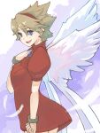  1girl angel_wings blonde_hair blue_eyes bracelet breasts breath_of_fire breath_of_fire_iii dress feathered_wings feathers hairband highres irc14786149 jewelry looking_at_viewer nina_(breath_of_fire_iii) open_mouth puffy_sleeves red_dress short_hair skirt smile solo white_wings wings 