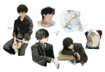  1boy abs alternate_costume artist_logo belt black_hoodie brown_hair buttons desk green_eyes hair_between_eyes highres hood hood_down hoodie hyouka jewelry knee_up long_sleeves mery_(yangmalgage) multiple_views navel necklace oreki_houtarou pants shirt short_hair sitting translation_request white_belt white_pants white_shirt 