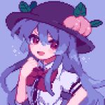  1girl ahiru_tokotoko black_headwear blue_background blue_hair bow bowtie commentary food fruit highres hinanawi_tenshi leaf long_hair looking_at_viewer open_mouth peach pixel_art red_bow red_bowtie red_eyes short_sleeves simple_background solo touhou upper_body 