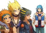  4boys arm_around_shoulder arms_behind_back black_hair black_shirt blonde_hair blue_eyes blue_hair blue_headband blue_jacket blue_shirt brown_jacket bruno_(yu-gi-oh!) coat collared_shirt confused crow_hogan dangle_earrings earrings facial_mark facial_tattoo fingerless_gloves flying_sweatdrops forehead_mark fudou_yuusei glaring gloves green_gloves hand_on_another&#039;s_arm headband highres jack_atlas jacket jewelry long_coat looking_to_the_side male_focus marking_on_cheek multicolored_hair multiple_boys necklace nervous nervous_smile nervous_sweating open_mouth orange_hair pants purple_eyes raised_eyebrows shirt short_hair short_hair_with_long_locks shoulder_pads simple_background sleeveless sleeveless_jacket sleeves_rolled_up smile spiked_hair standing streaked_hair sweat t-shirt tattoo white_background white_coat white_shirt youko-shima yu-gi-oh! yu-gi-oh!_5d&#039;s 