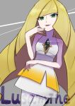  1girl bare_arms bare_shoulders black_leggings blonde_hair breasts character_name diamond_(shape) dress gem green_eyes green_gemstone hair_over_one_eye highres leggings long_bangs long_hair lusamine_(pokemon) mature_female pitorigoto pokemon pokemon_(game) pokemon_sm short_dress sleeveless sleeveless_dress small_breasts solo two-tone_legwear very_long_hair white_leggings 